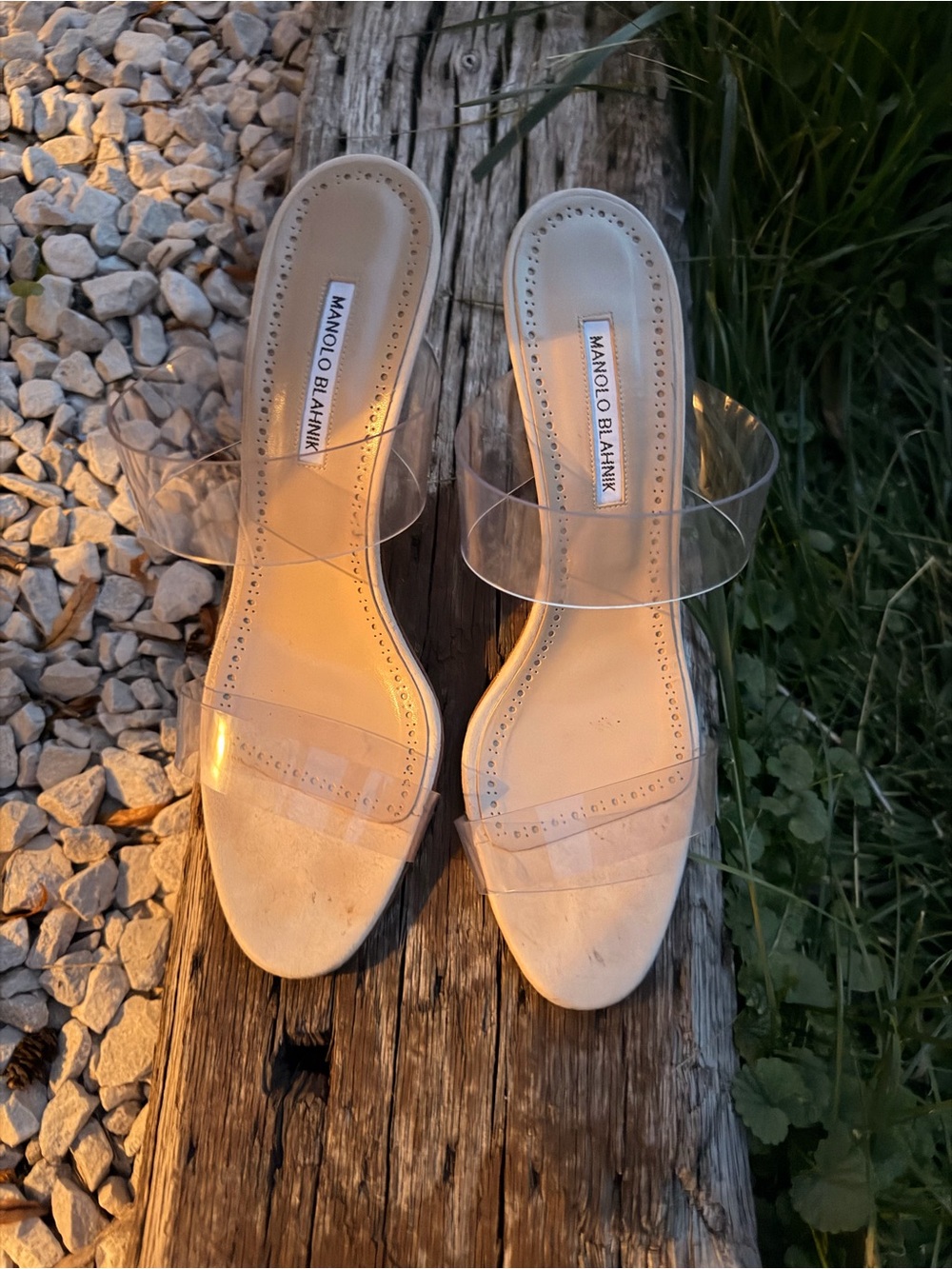 Manolo Blahnik Clear Strap Beige Slide Mules